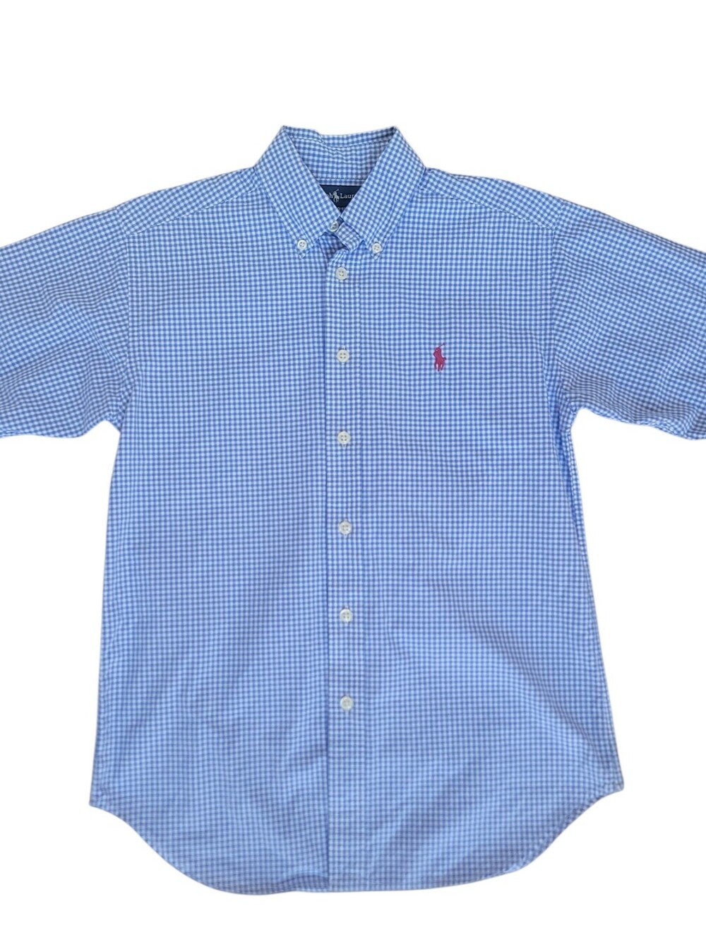 Polo Ralph Lauren Boys Gingham Blue White Short Sleeve Button Down Shirt M 10-12